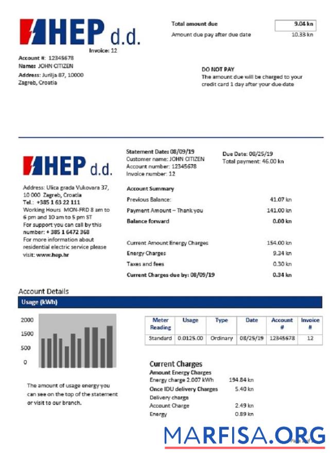 Blank Croatia Hrvatska Elektroprivreda electricity utility bill real example